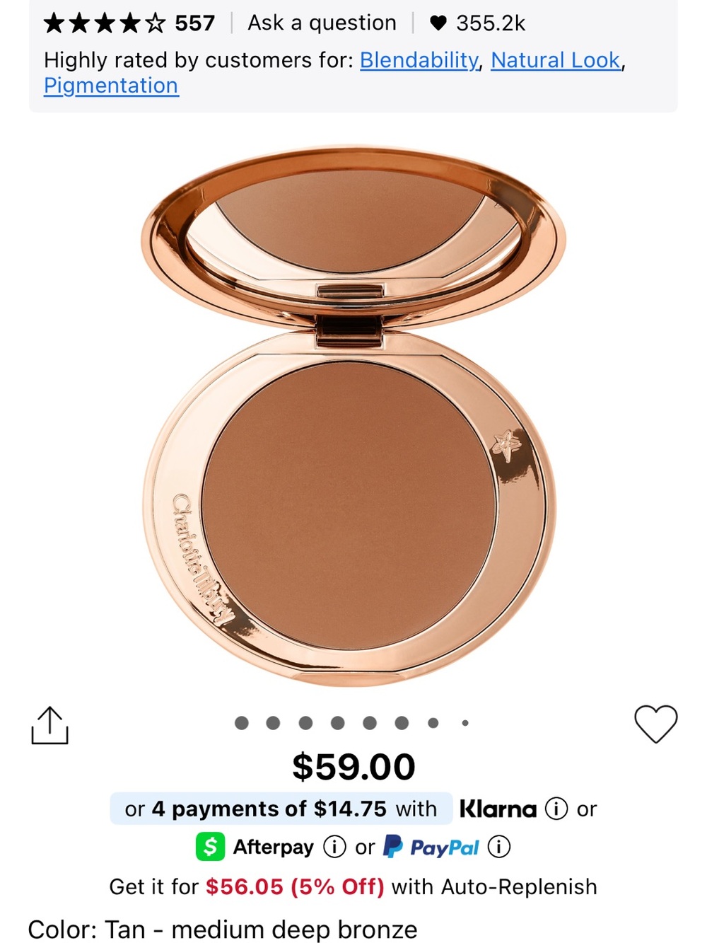 Charlotte Tilbury Tan Bronzer Compact — Warm Brown Matte Sculpting Powder
